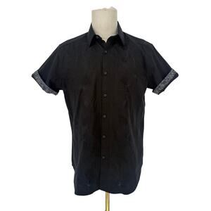 Robert Graham Button Front Short Sleeve Shirt DRAGO Black Embroidered Floral M